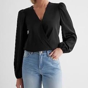 Express Black Bodysuit Drape Top with Puff Sleeves